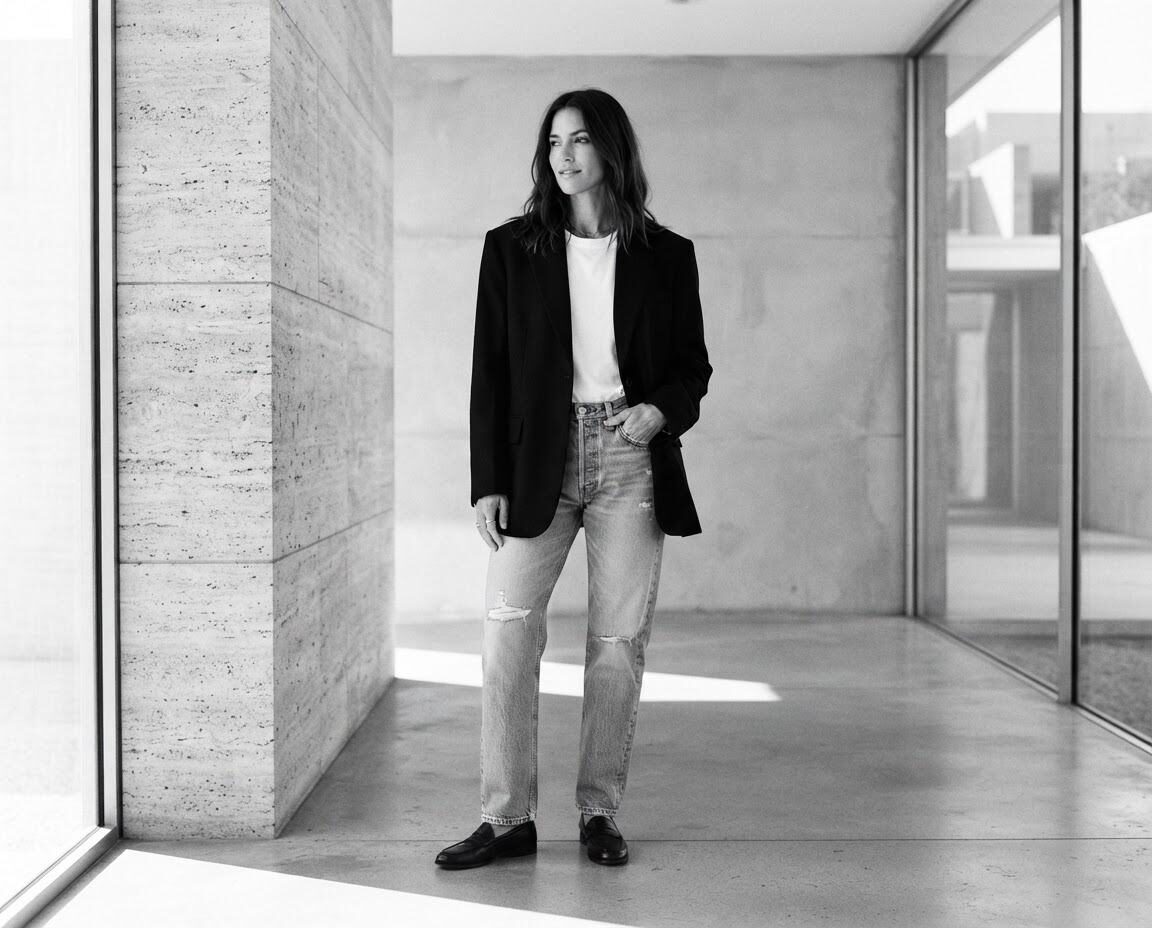 Black-and-white portrait of a woman in a blazer and jeans