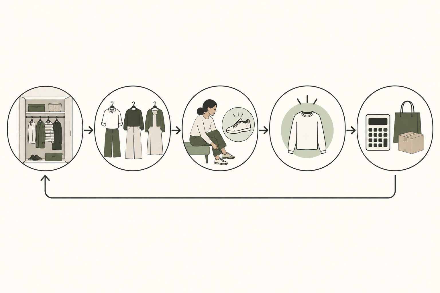 A closet-first shopping flow: review existing clothes, build outfits, test comfort, identify one gap, and check the total cost before purchasing.