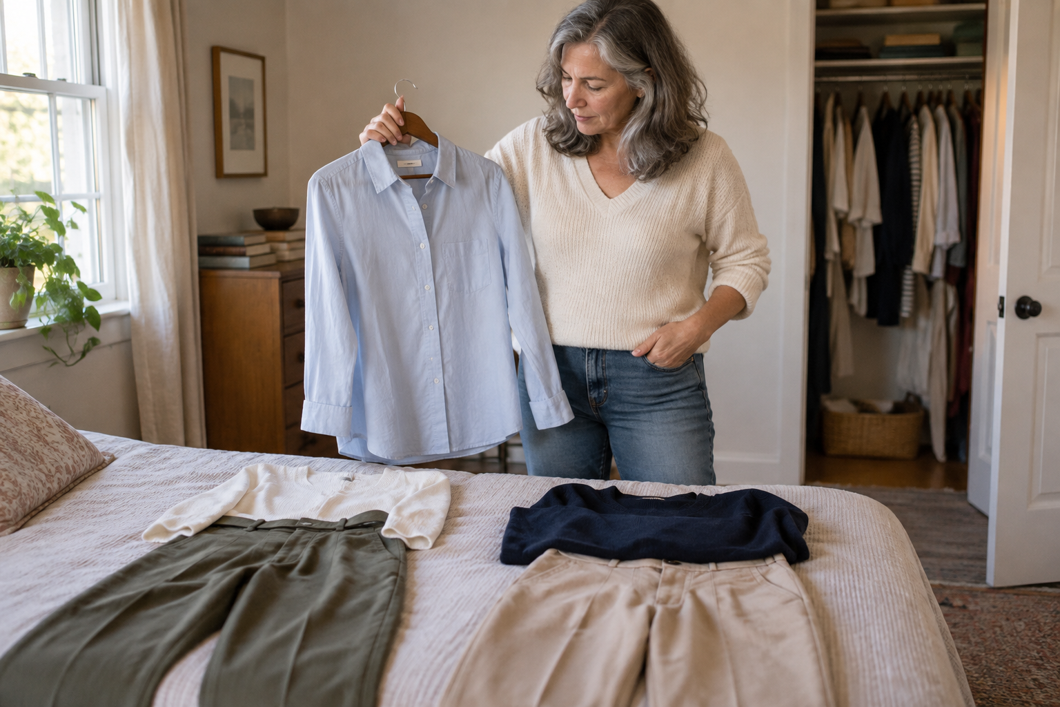 AI-generated editorial scene of an adult woman comparing clothes from her own closet, with two outfit combinations arranged on a bed.