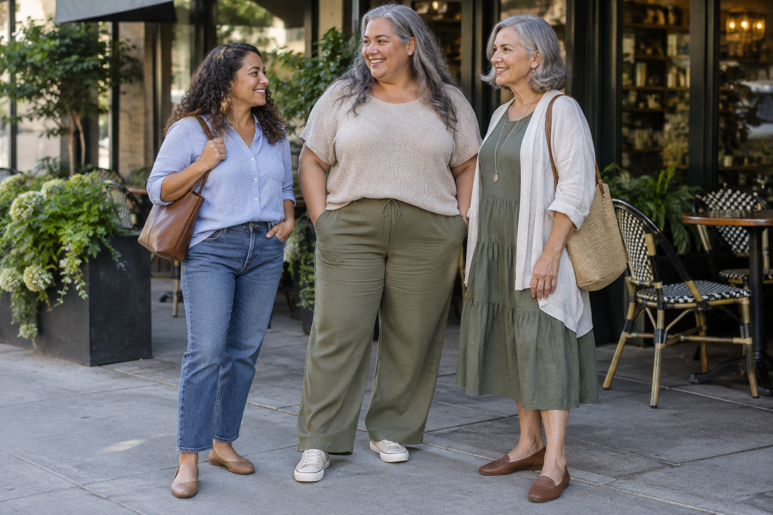 AI-generated fashion illustration showing three fictional adult women of varied ages and body types wearing practical jeans, trouser, and dress outfits.