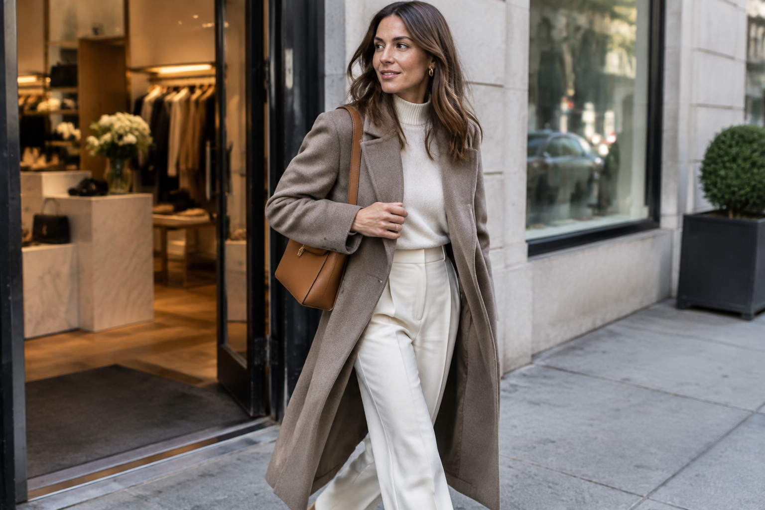 A woman leaving a boutique carrying a cognac leather shoulder bag