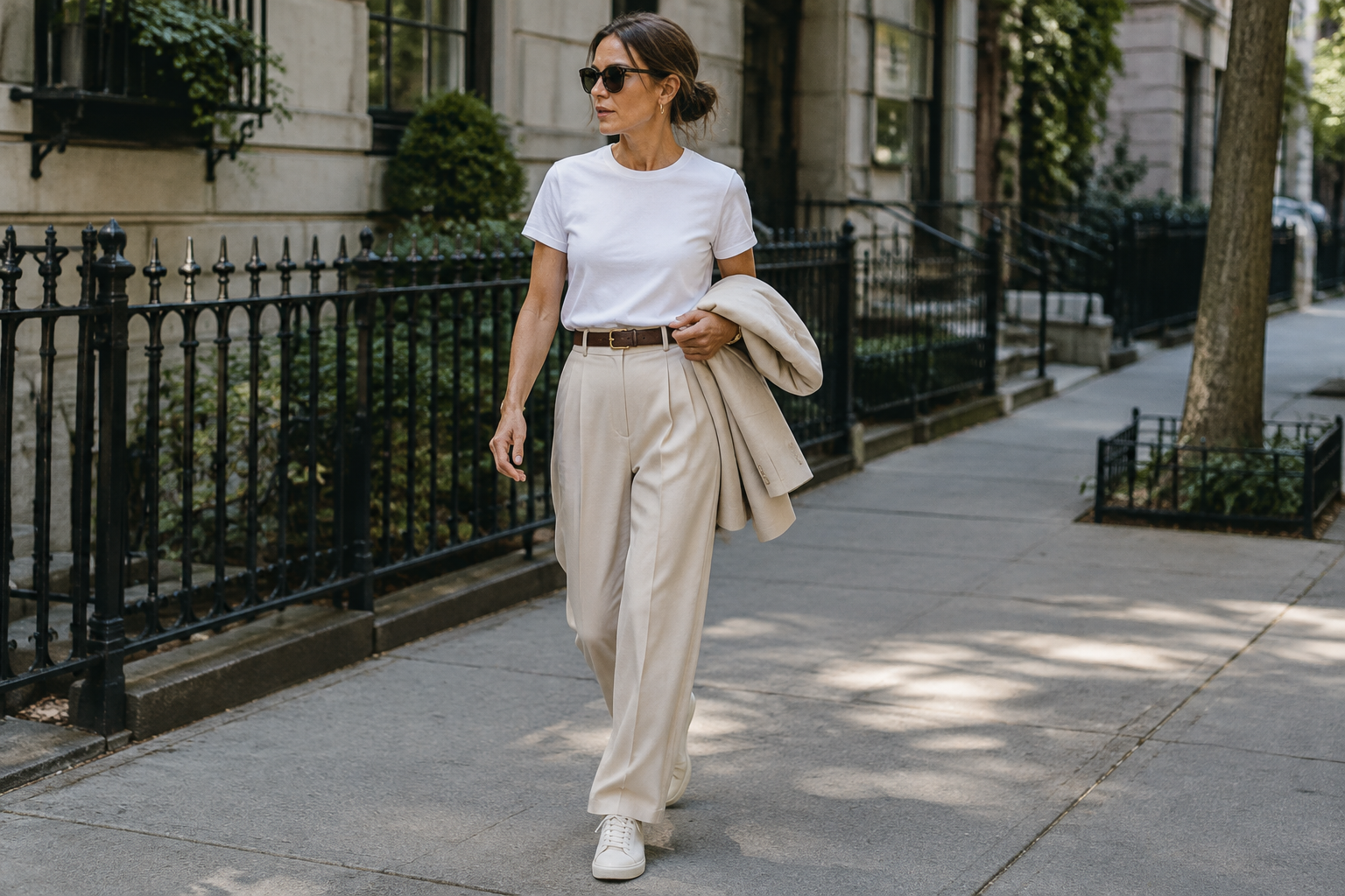 A woman mid-stride on a city sidewalk wearing relaxed tailored trousers