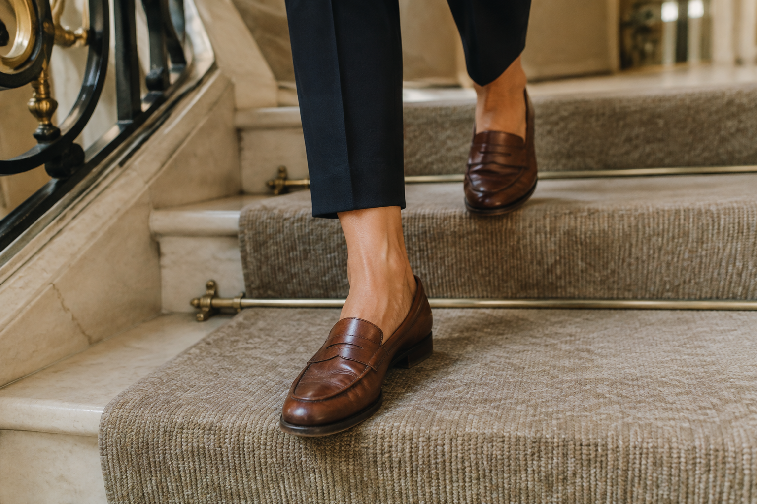 Worn-in leather loafers on a hotel staircase