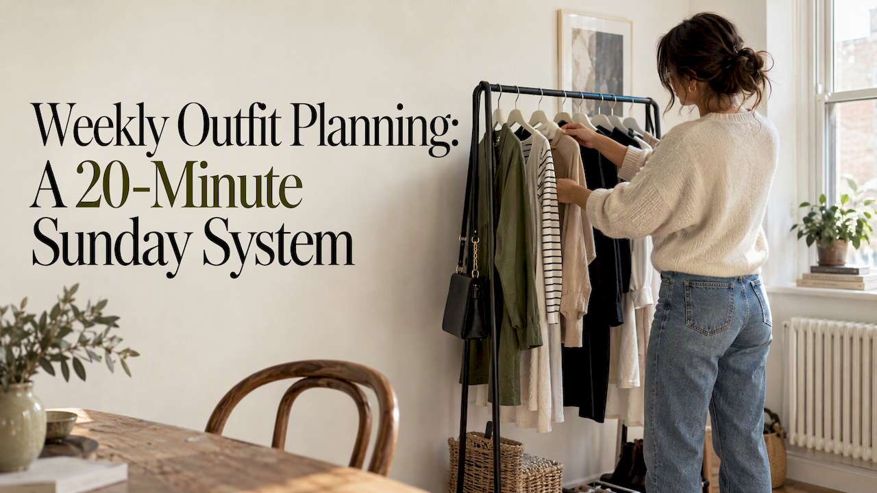 Woman arranging outfits on a clothing rail
