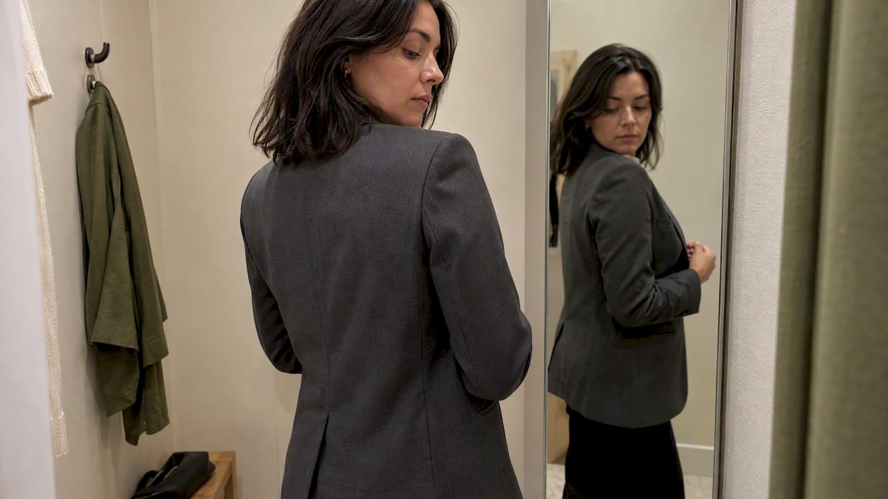 Woman checking the fit of a blazer