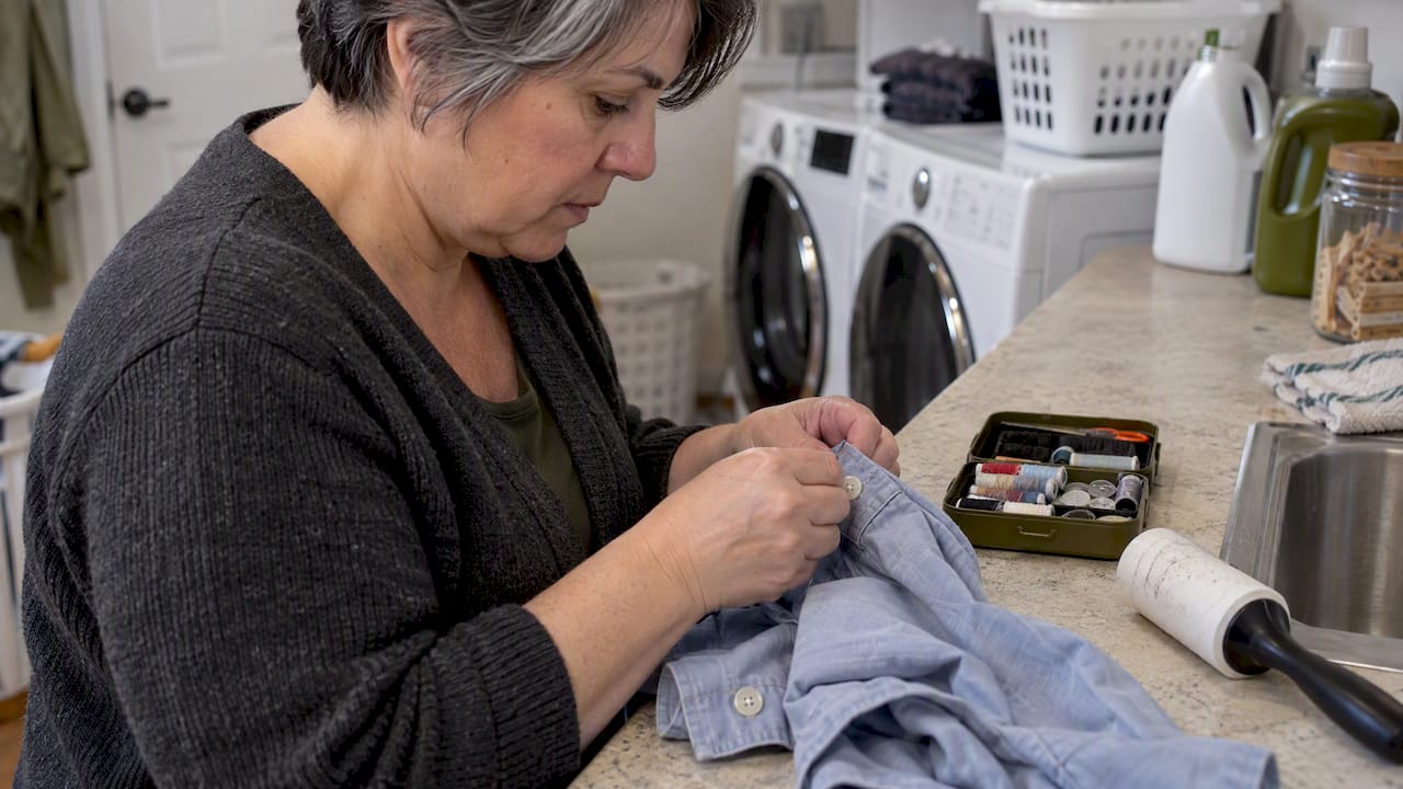 Hands repairing a shirt beside a sewing kit