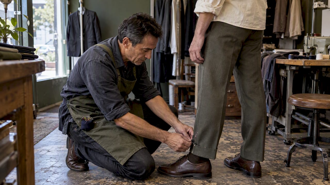 Tailor pinning a customer's trouser hem