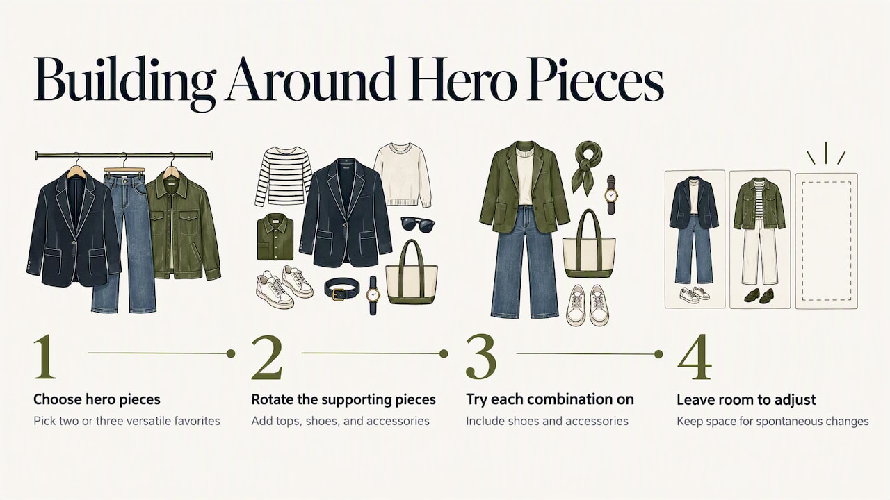 Steps for building flexible outfits from hero pieces