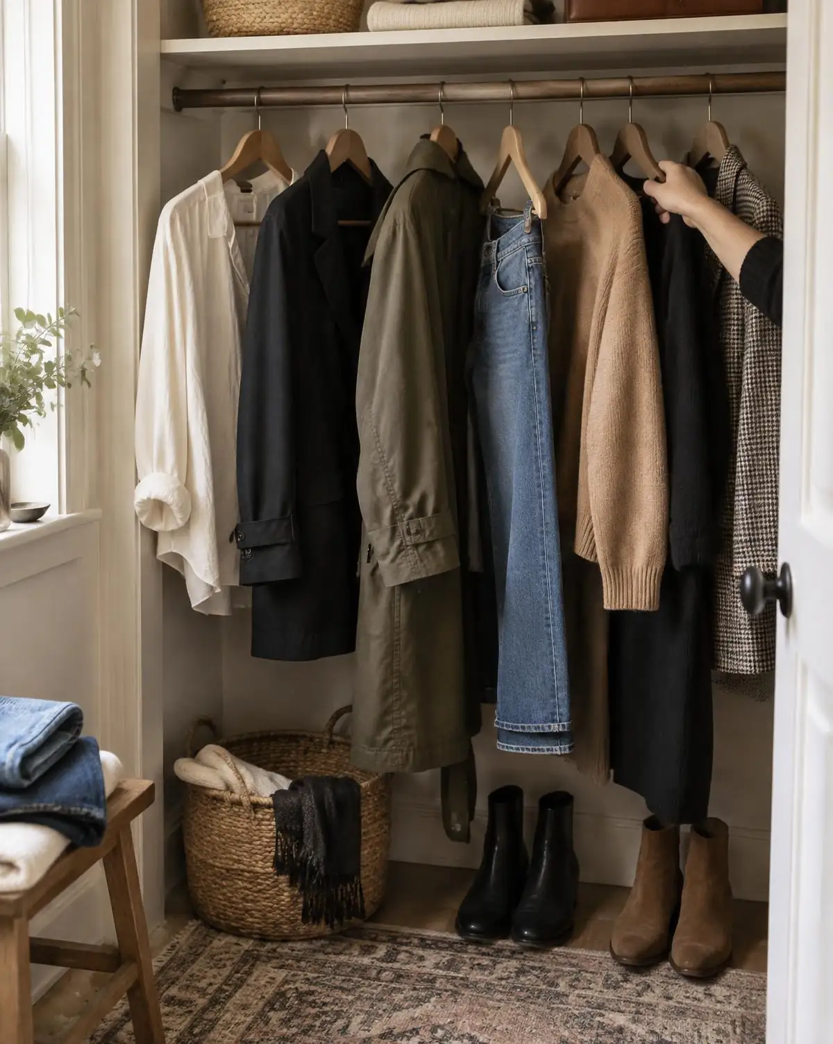 A hand browsing timeless layers in a lived-in closet